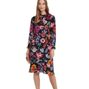 J. Crew Midnight Dutch Floral Flowers Tie Neck Midi Dress Size 8
